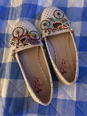 White Polka Dot Ballet Flats with Colorful Bicycle Appliqué